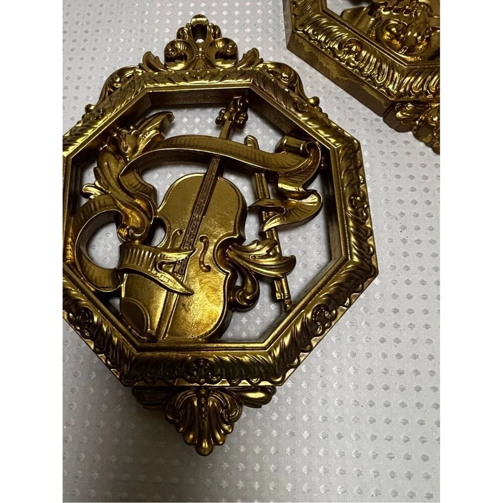 Dart Industries Homco Gold Hollywood Regency Musical Instrument Wall Plaques (3)